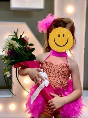 Weissman Orange Sequin Dance Leotard with Hot Pink Feathers